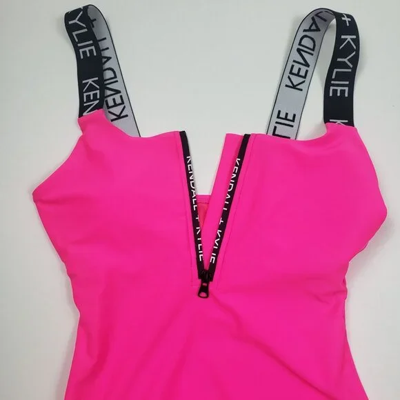 Kendall and Kylie One Piece Swimsuit Women's Medium Neon Pink & Black Call Out - Picture 13 of 16